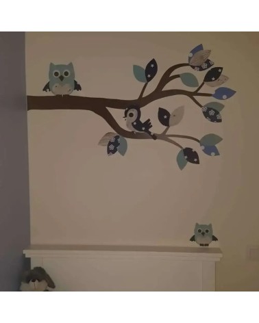 Behangsticker sierlijke uilentak lichtblauw en donkerblauw.