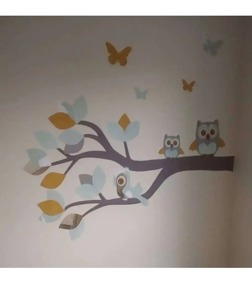 Behangsticker babykamer tak met uiltjes mintgroen.