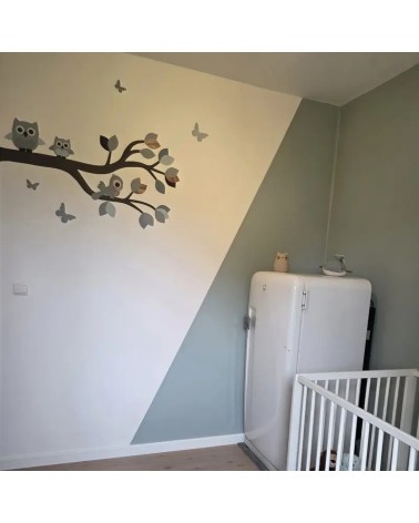 Behangsticker kinderkamer oudgroene sierlijke uilentak.