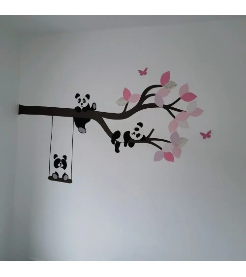 oud groene tak met pandaberen muurdecoratie babykamer.