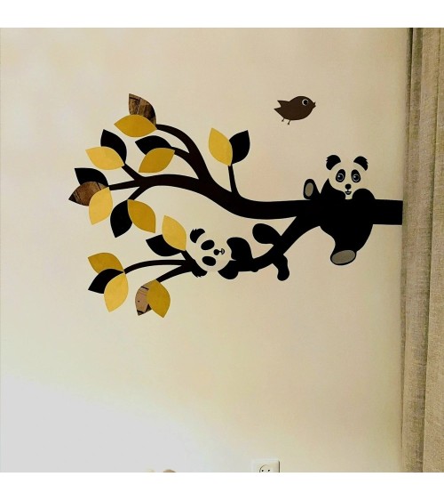 oud groene tak met pandaberen muurdecoratie babykamer.