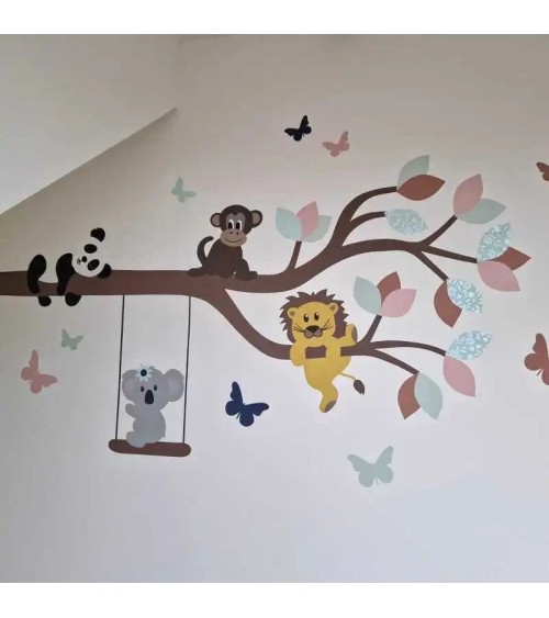 Behang muursticker babykamer losse sierlijke tak okergeel met indianen uil.