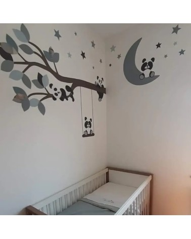 Combi deal set behangstickers babykamer panda op man en pandatak in oud groen.