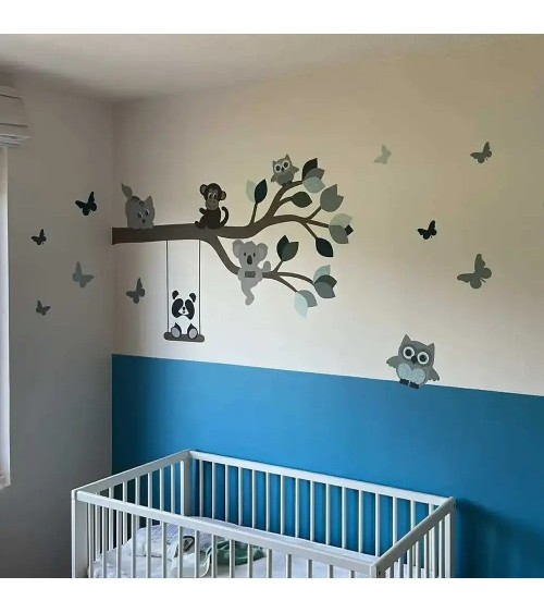 Behang muursticker babykamer losse sierlijke tak okergeel met indianen uil.