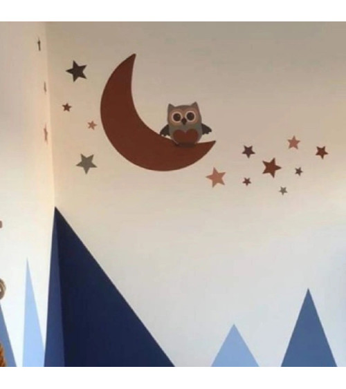 Behangsticker babykamer uiltje op de maan met sterren roest bruin.