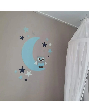 Behangsticker babykamer Uil op de maan met sterren- licht blauw