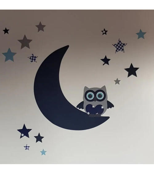 Behang muursticker babykamer uil op de maan met sterren lichtblauw