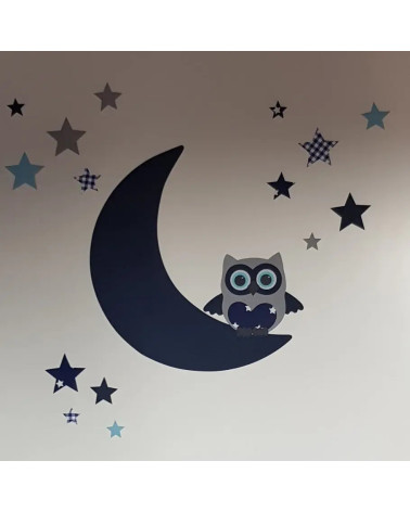 Behangsticker uil op de maan donkerblauw voor de babykamer.