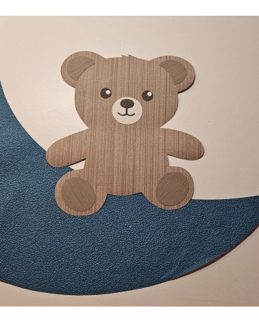 Behangsticker babykamer zittend teddybeertje op een petrol maan.