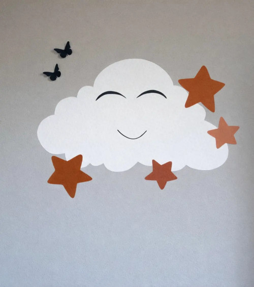 Behangsticker kinderkamer wolk met sterren in de kleuren terracotta en roestbruin.