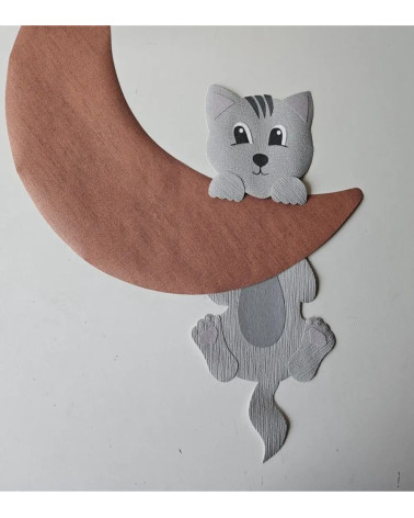 Behangsticker kinderkamer hangende poes aan maan.