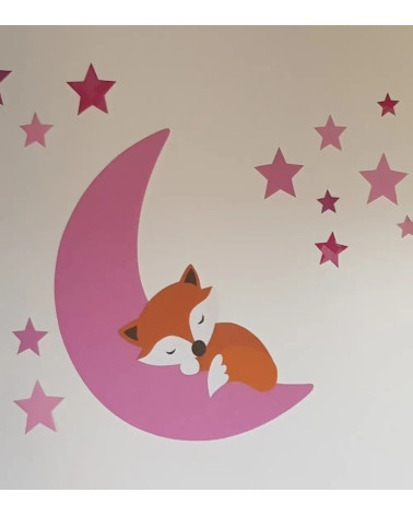 Behangsticker vosje op de maan fel roze.