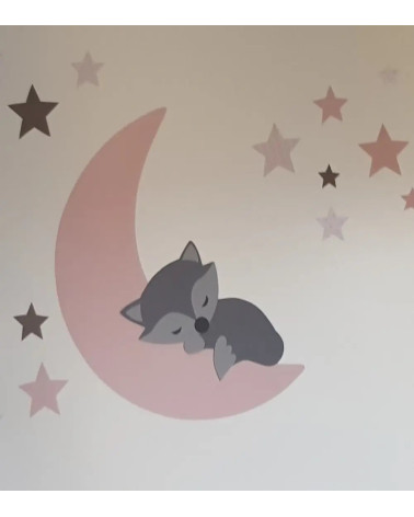 Behangsticker grijs vosje op de maan oudroze.