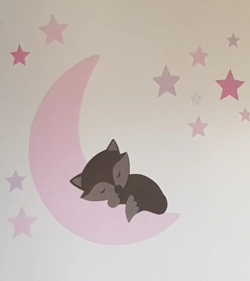 Behangsticker vosje op de maan roest en oudroze.