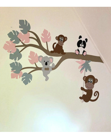 Behangsticker meisjeskamer roze jungletak met jungle dieren.