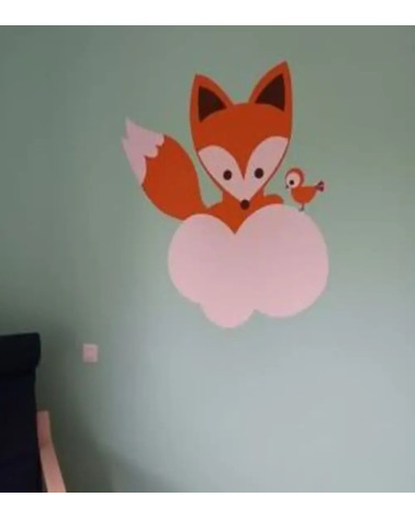 Behangsticker vos op wolk met vogeltje.