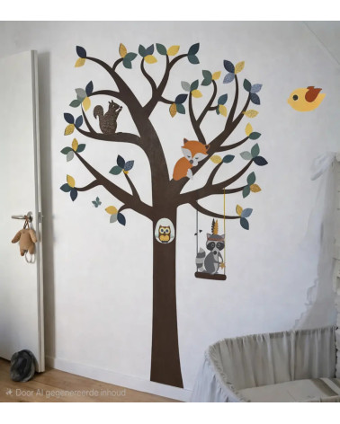 Behang muursticker boom met bosdieren in okergeel en donkergroen.