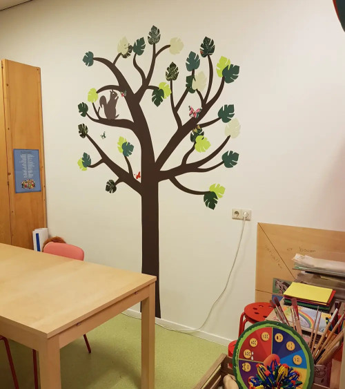 Behangsticker kinderkamer grote jungle boom met papegaaien.