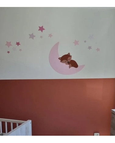 Behangsticker babykamer slapend vosje op de maan roze.