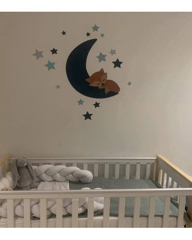 Behangsticker babykamer slapend vosje op de maan donkerblauw.