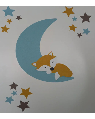 Behangsticker babykamer slapend vosje op de maan blauw en geel