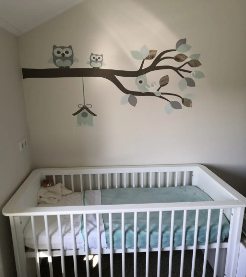 Behangsticker babykamer tak met uiltjes mintgroen.