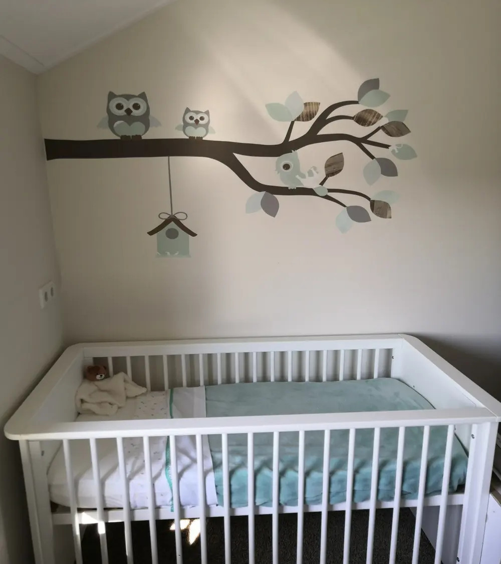Behangsticker babykamer tak met uiltjes mintgroen.