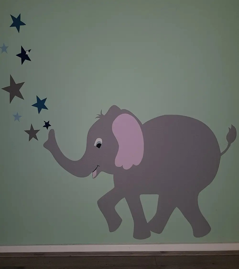 behang muursticker olifant met sterren kinderkamer.
