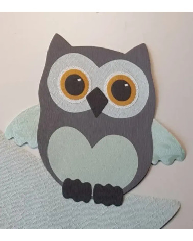 Muursticker behang uil groot mintgroen, grijs, okergeel.