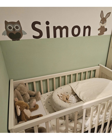 Naamsticker met uil en konijn.