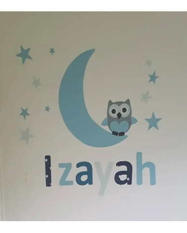 Naamsticker onder maan met uil blauw.