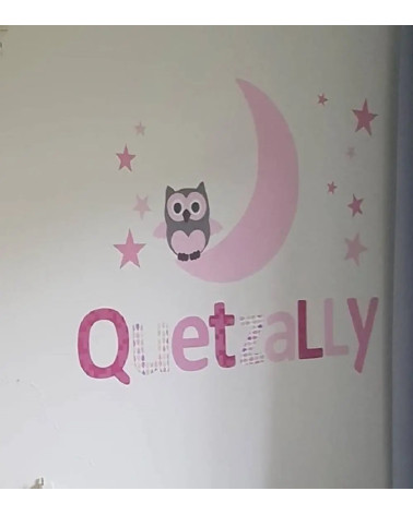 Naamsticker onder maan met uil roze.
