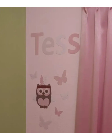 Naamsticker roze met uil en vlinders.