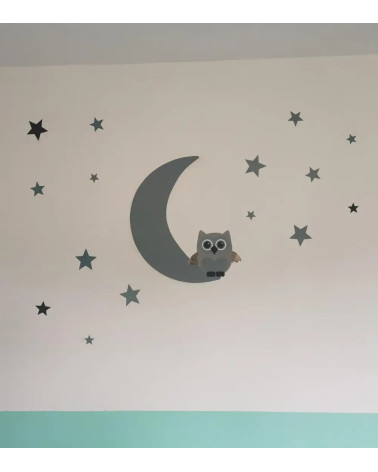 Behang (muur)sticker Uil op de maan met sterren in kleur naar keuze