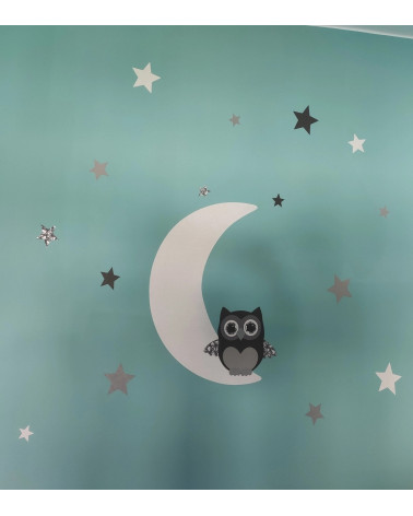 Behangsticker babykamer uil op de maan wit en grijs.