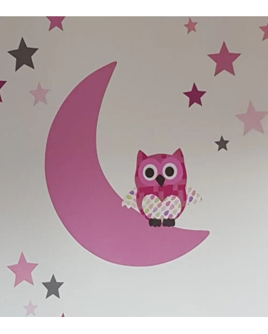 Behangsticker babykamer uil op de maan in fel roze.