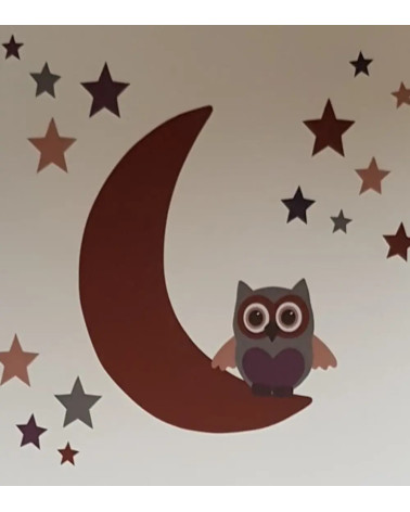 Muursticker van behang uil op de maan roest bruin babykamer.