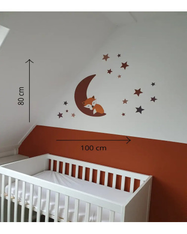 Muursticker babykamer slapend vosje op de maan met sterren