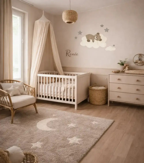 Behangsticker slapende teddybeer op de maan en sterren beige babykamer.
