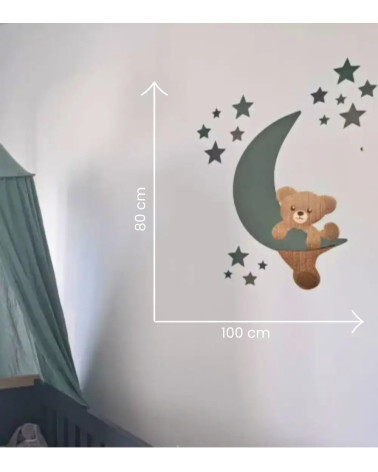 Afmetingen behang muursticker klimmende teddybeer op de maan babykamer.