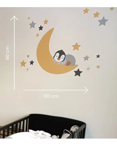 Afmetingen behangsticker pinguïn op de maan.