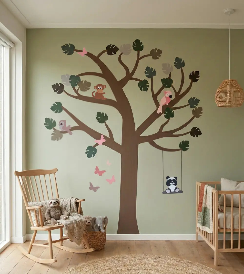 Jungle boom sticker grounding groene neutrale babykamer.