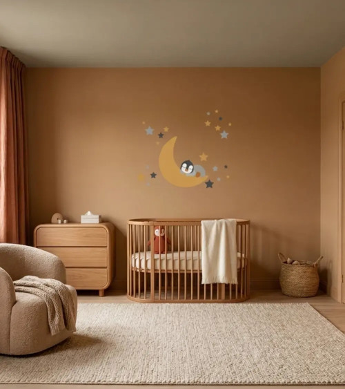 Behangsticker slapende pinguïn op de maan in een honing karamel kleurige babykamer.