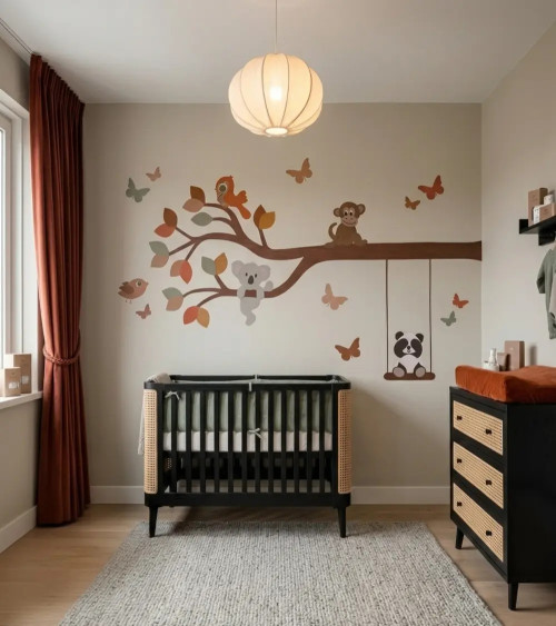 Behangsticker tak met vrolijke dieren aardetinten babykamer