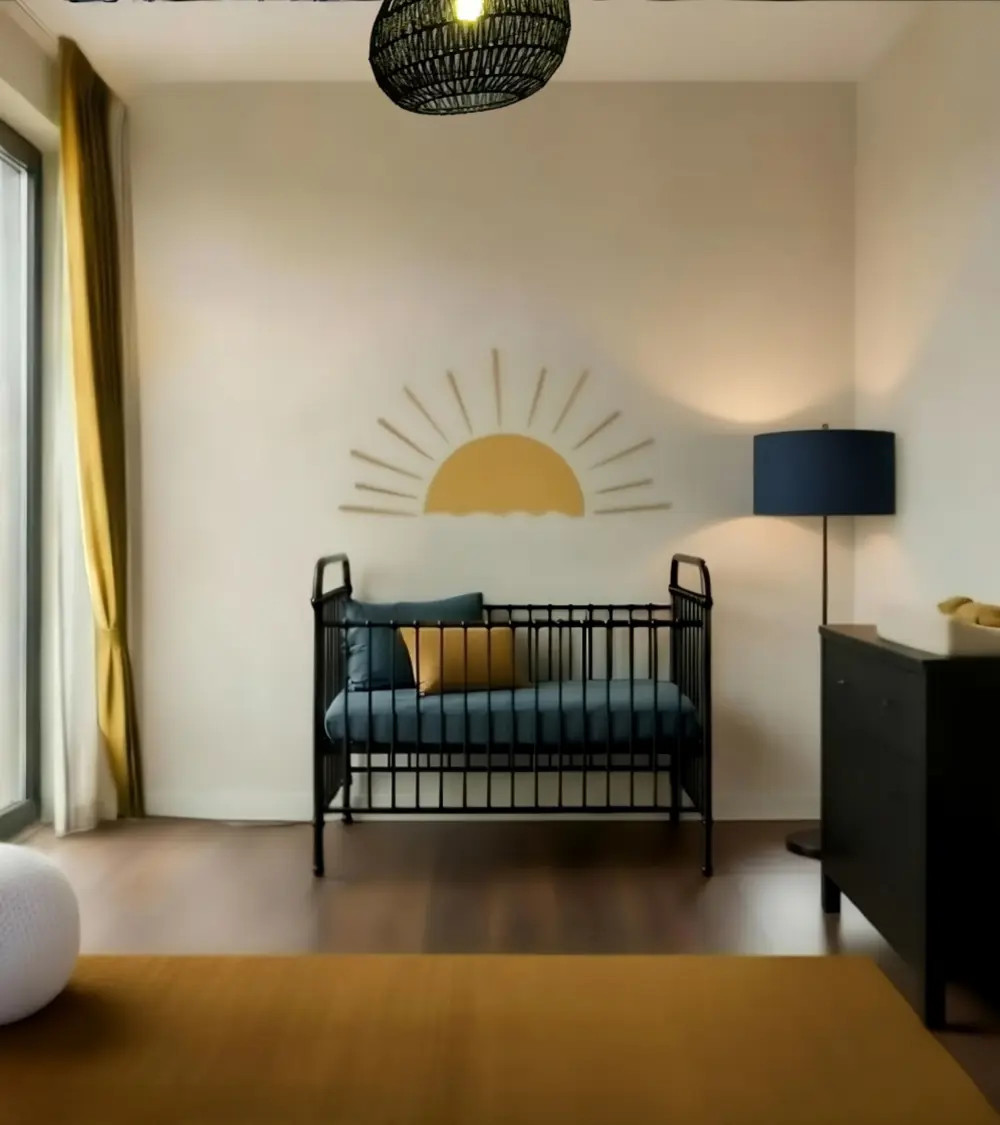 Okergele en donkerblauwe babykamer met een boho zon behangsticker.
