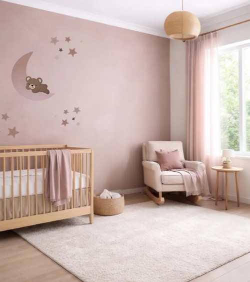 Behangsticker babykamer slapende teddybeer op een oudroze maan.