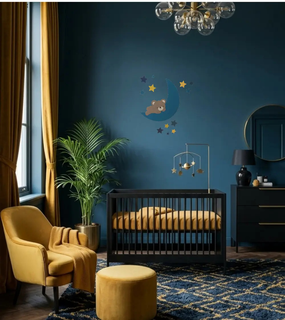 Behangsticker babykamer slapende teddybeer op de maan petrol