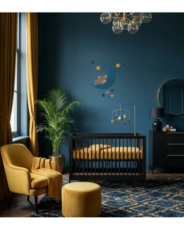 Behangsticker babykamer slapende teddybeer op de maan petrol