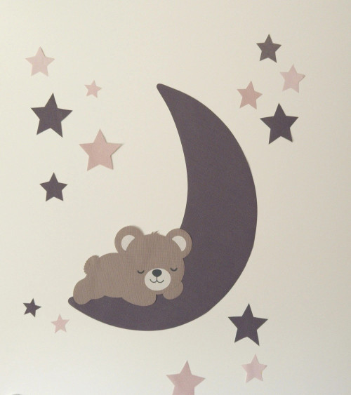 Behangsticker slapende teddybeer op de maan paars.