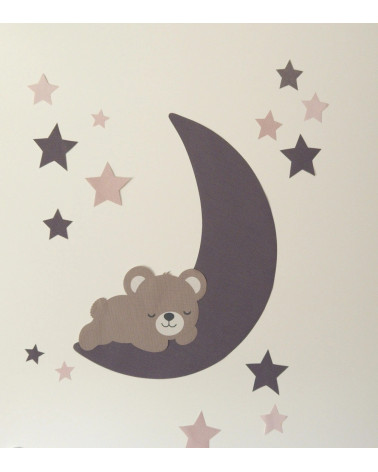 Behangsticker slapende teddybeer op de maan paars.